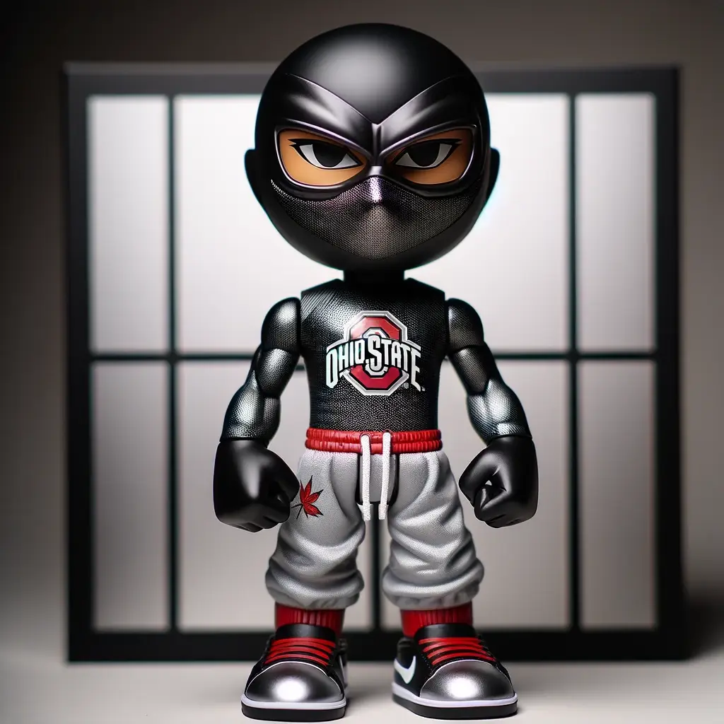 DALL·E 2024-04-24 01.29.05 - An updated Ohio State Buckeyes superhero vinyl toy, now featuring a jet black ninja mask covering the eyes, adding an element of mystery. The superher