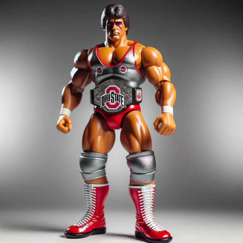 DALL·E 2024-04-24 01.38.44 - A 1980s WWF wrestler vinyl toy inspired by the Ohio State Buckeyes. The wrestler sports a costume in scarlet and gray, complete with high-cut wrestlin